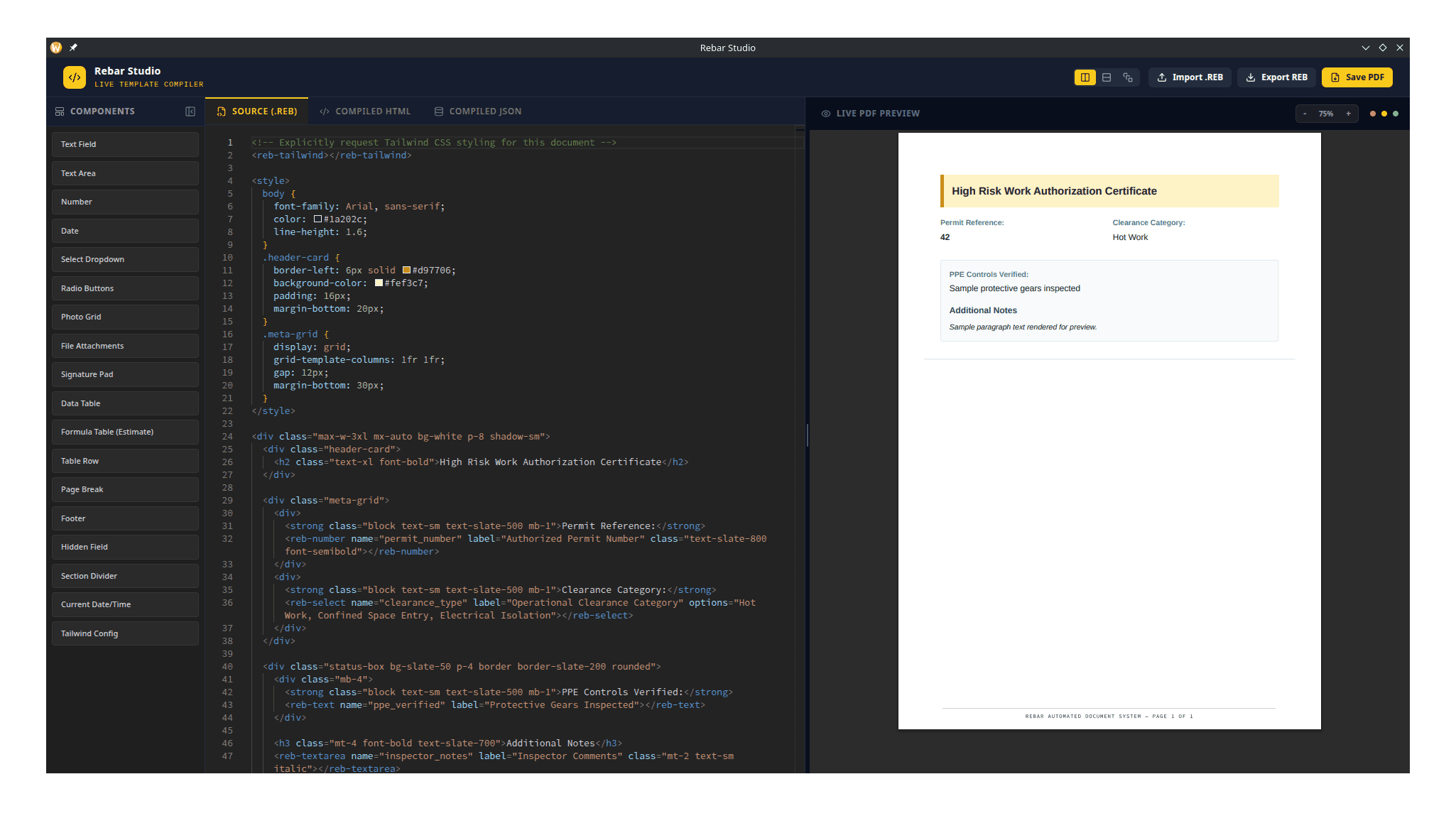 Rebar Studio drag-and-drop template editor with live PDF preview